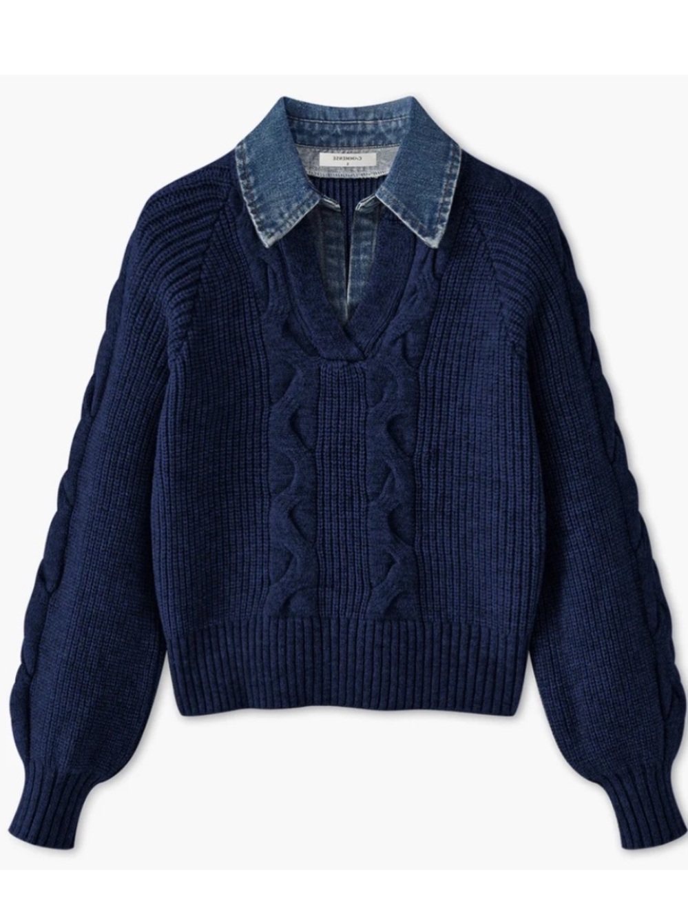 Commence Denim Panel Ribbed Lapel Sweater